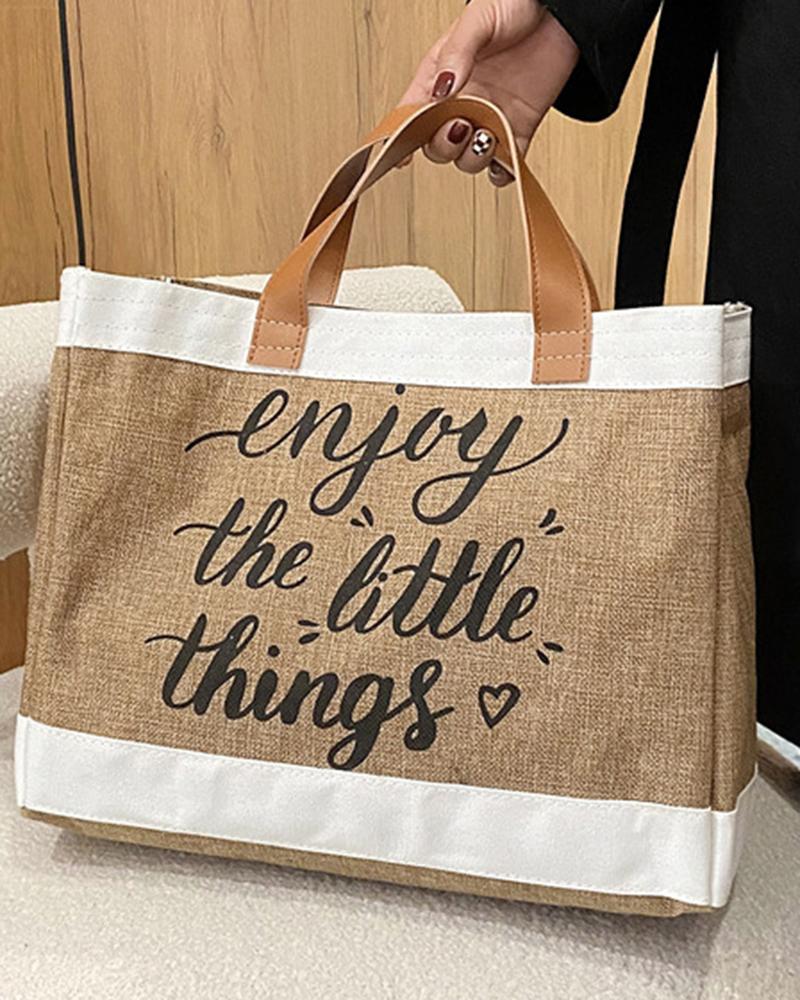 

Slogan Print Large Capacity Travel Bag Foldable Casual Tote Bag, Coffee