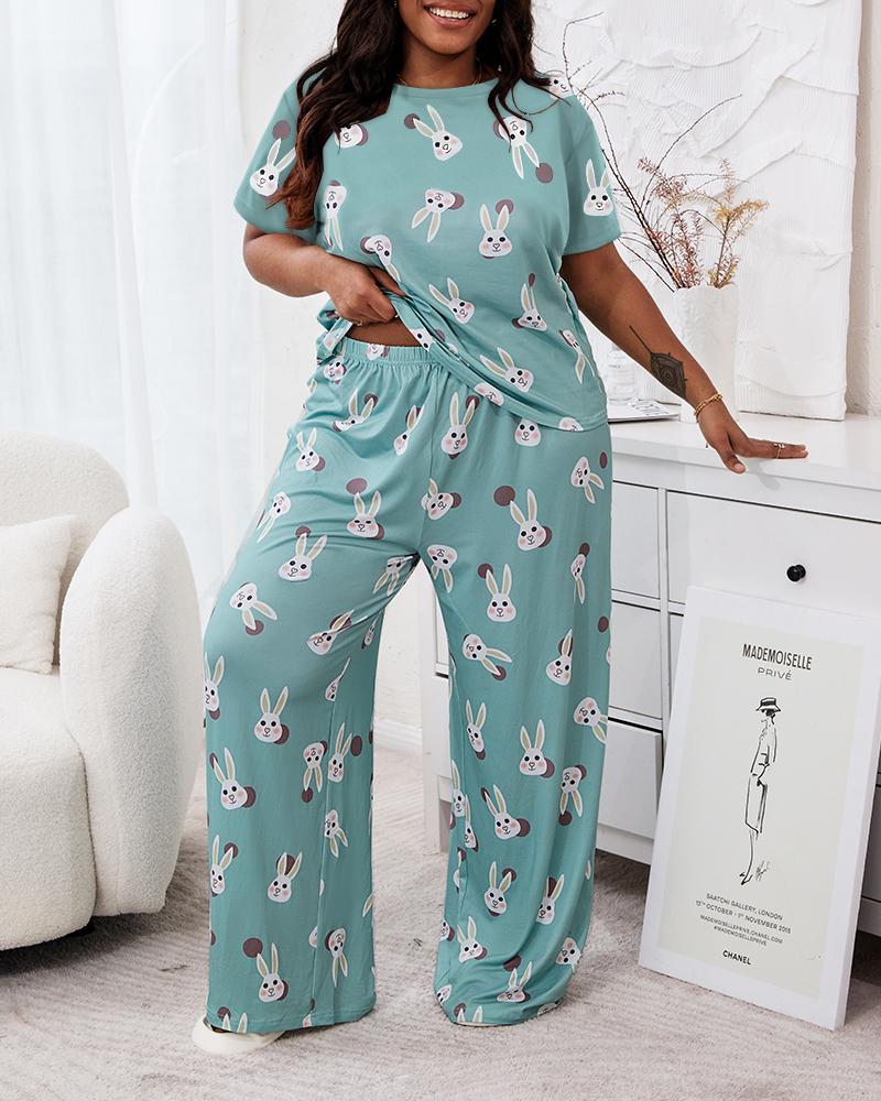 

Plus Size Rabbit Print Short Sleeve Pajamas Set, Green