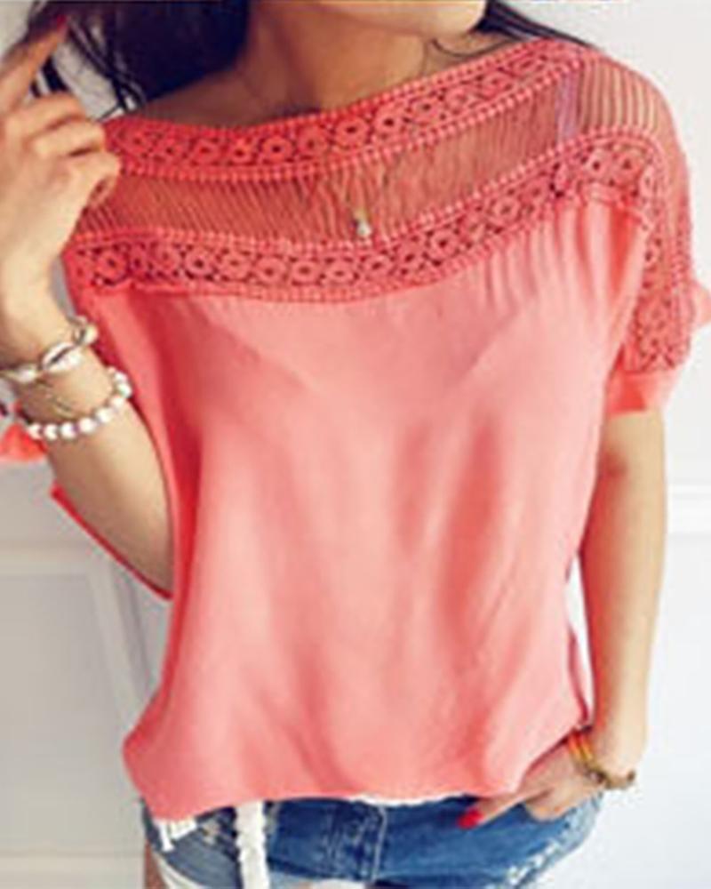 

Casual Short Sleeve Hollow Out Blouse, Wine red