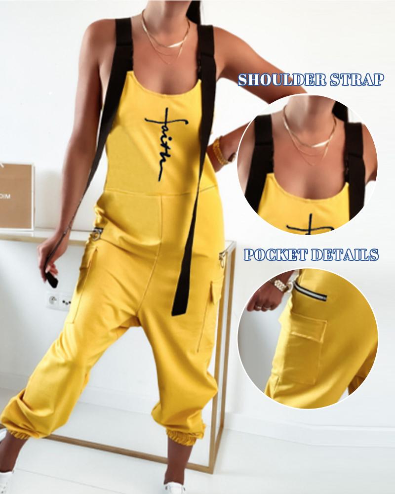 

Faith Print Zipper Pocket Design Jumpsuit, Yellow