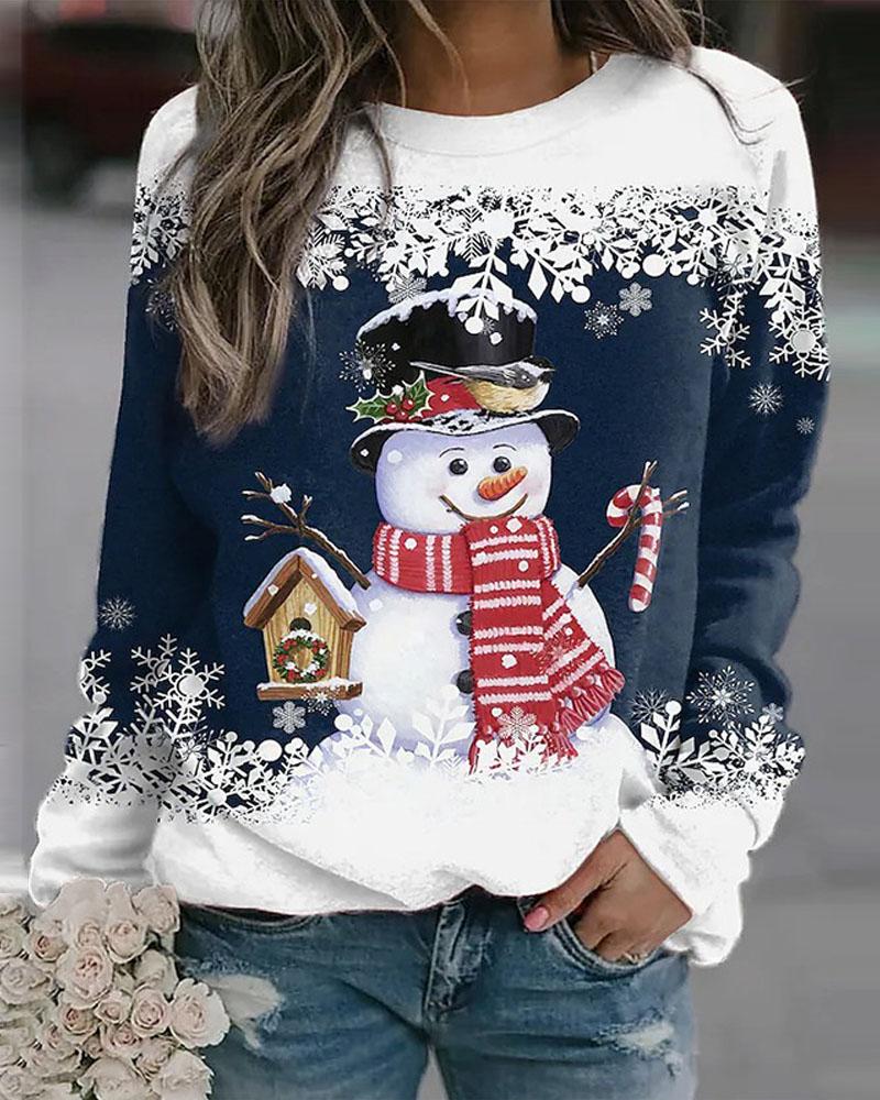 

Christmas Snowflake Snowman Print Long Sleeve Top, Blue