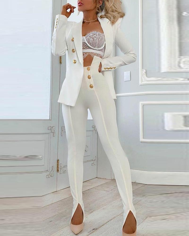 

Lapel Collar Double Breasted Puff Sleeve Blazer & Split Hem Skinny Pants Set, White