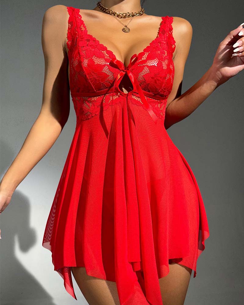 

Robe de nuit sexy en maille transparente avec col en V et bretelles spaghetti en dentelle contrastée, Red