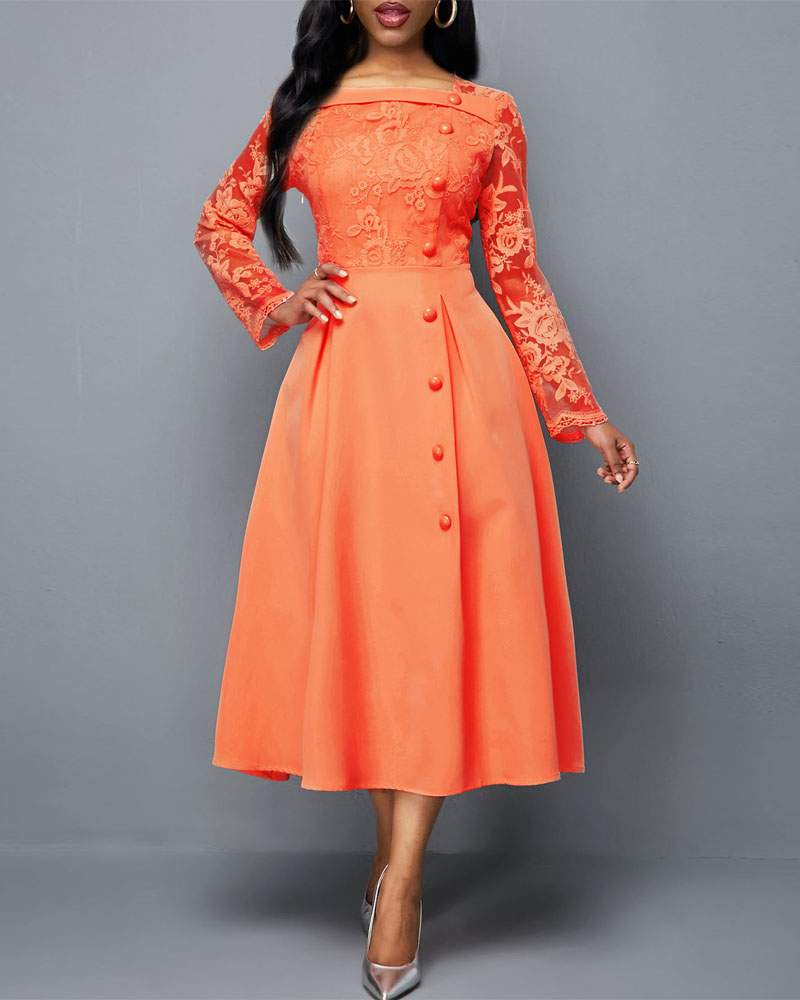 

Contrast Lace Long Sleeve Party Dress, Orange