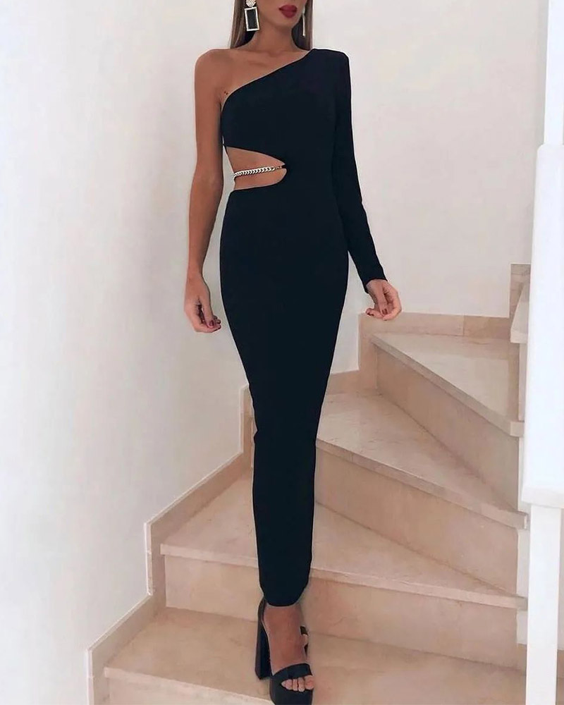 

Cutout Chain Decor One Shoulder Bodycon Dress, Black