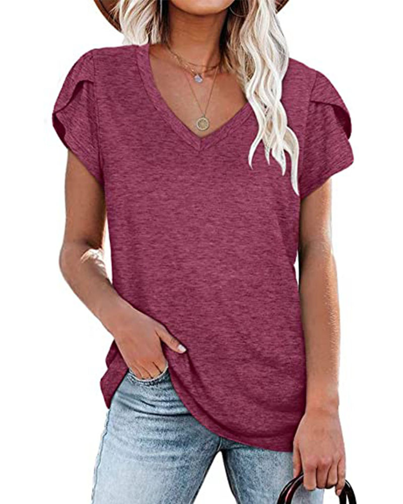 

Petal Short Sleeve V-Neck Casual T-shirt, Purple