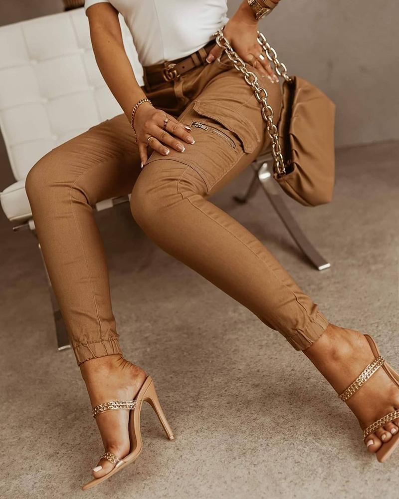 

Zipper Pocket Design Casual Pants Without Belt, Khaki