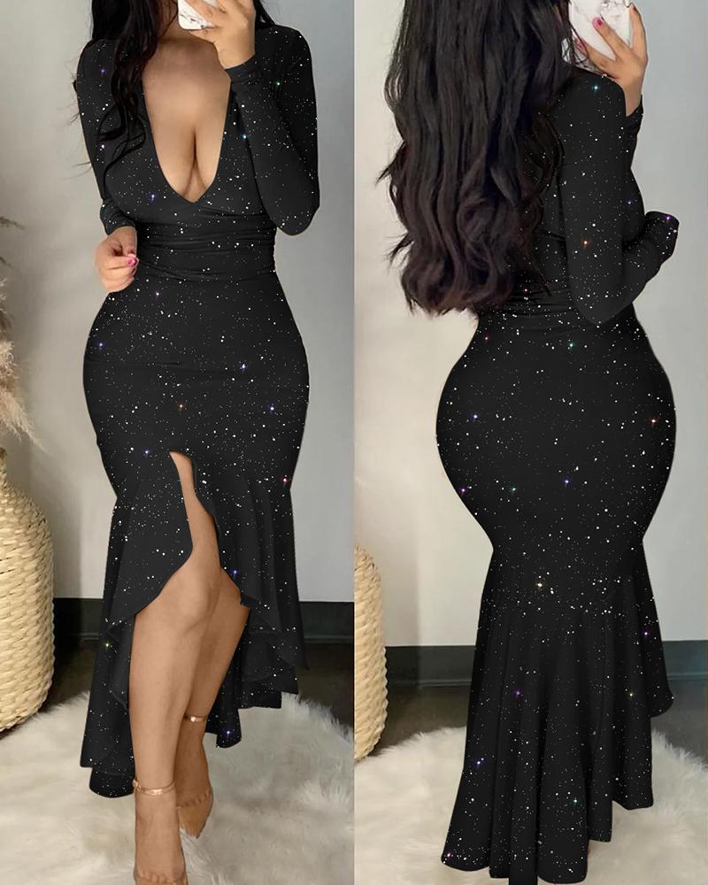 

Glitter Long Sleeve Deep V-Neck Mermaid Dress, Black