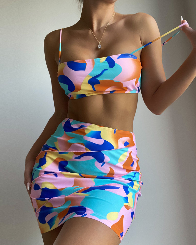 

3PCS Abstract Print Bikini Set With Cover Up Skirt, Multicolor