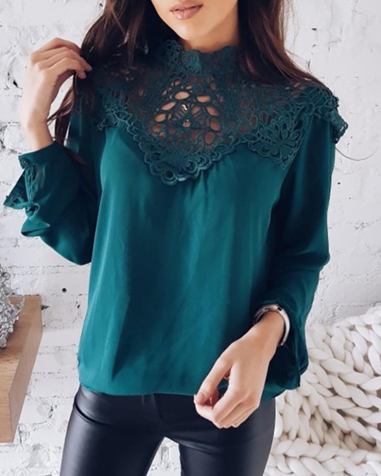 

Lantern Sleeve Lace Patchwork Crochet Blouse, Green