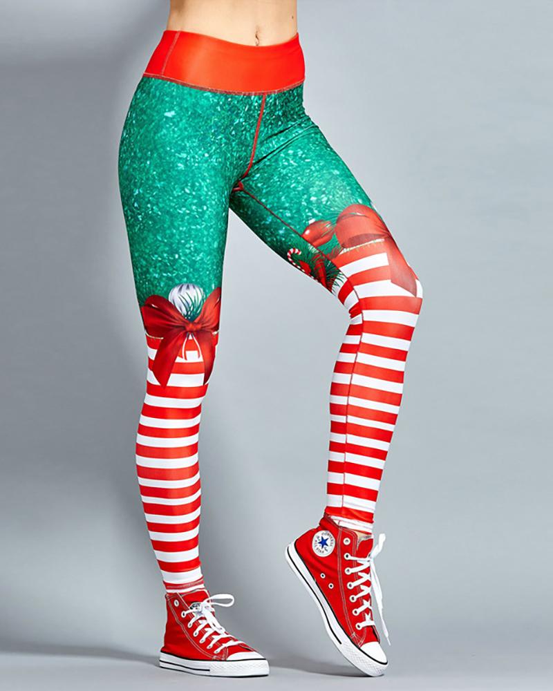 

Christmas Bowknot Print High Waist Yoga Pants, Green