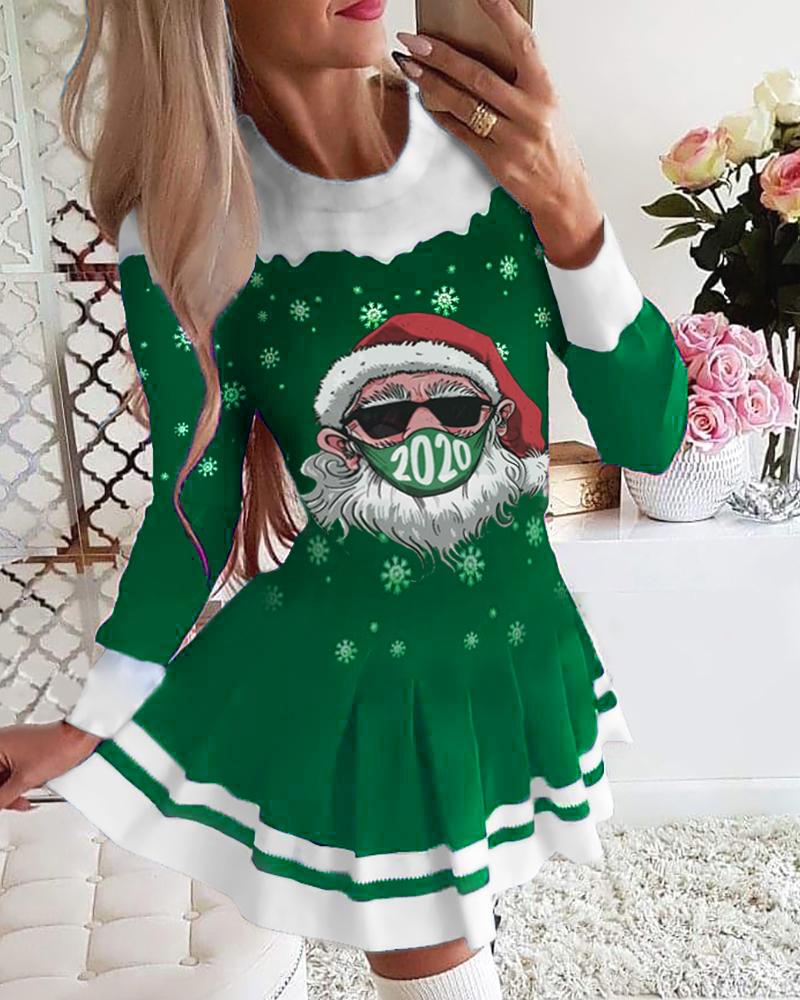 

Christmas Santa Print Long Sleeve Pleated Dress, Green