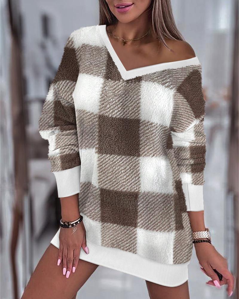

Plaid Pattern V-Neck Fuzzy Casual Dress, Brown