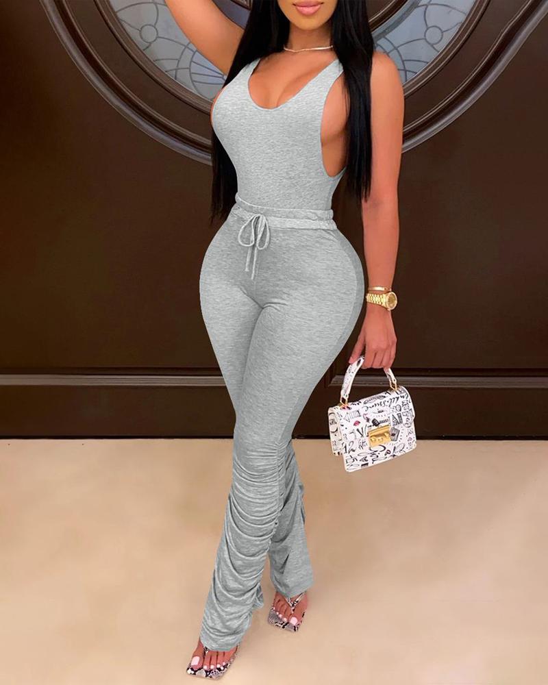 

Tank Top & Drawstring Ruched Pants Set, Gray