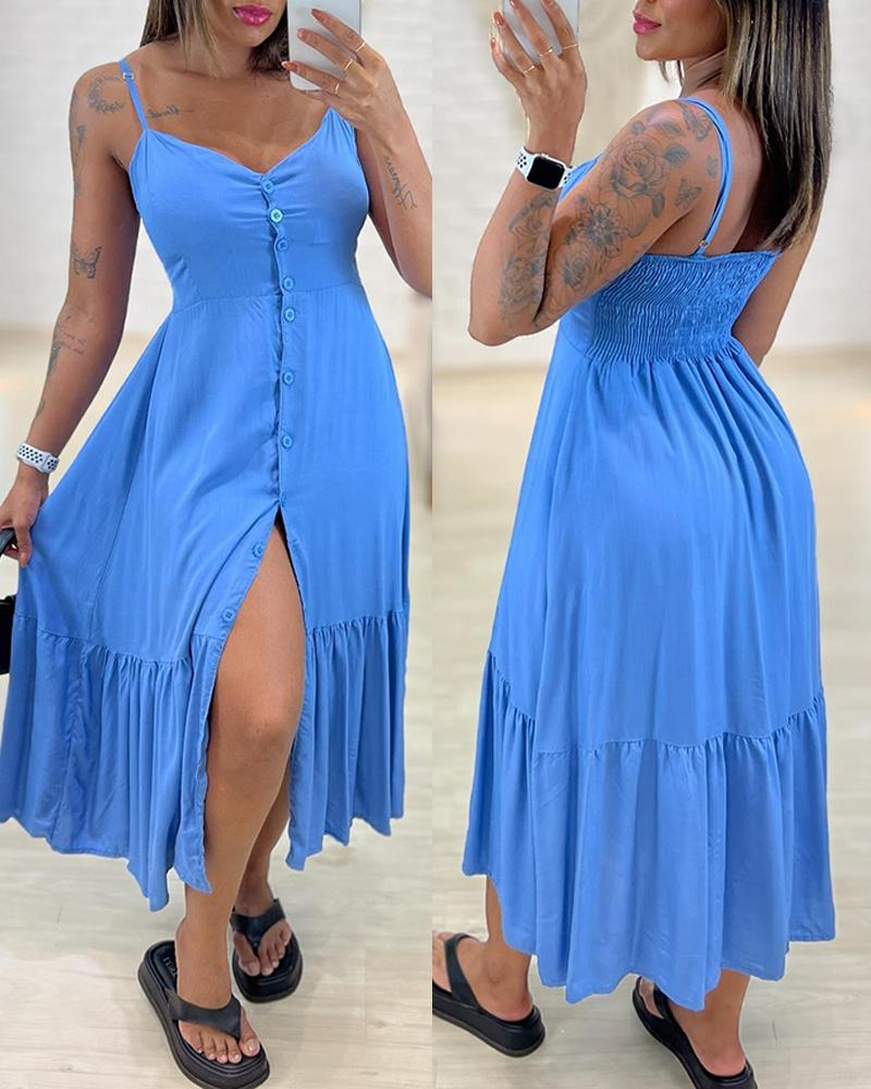 

Buttoned Shirred Spaghetti Strap Casual Dress, Blue