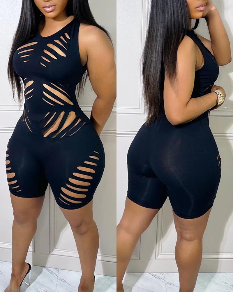 

Plain Cutout Sleeveless Skinny Romper, Black