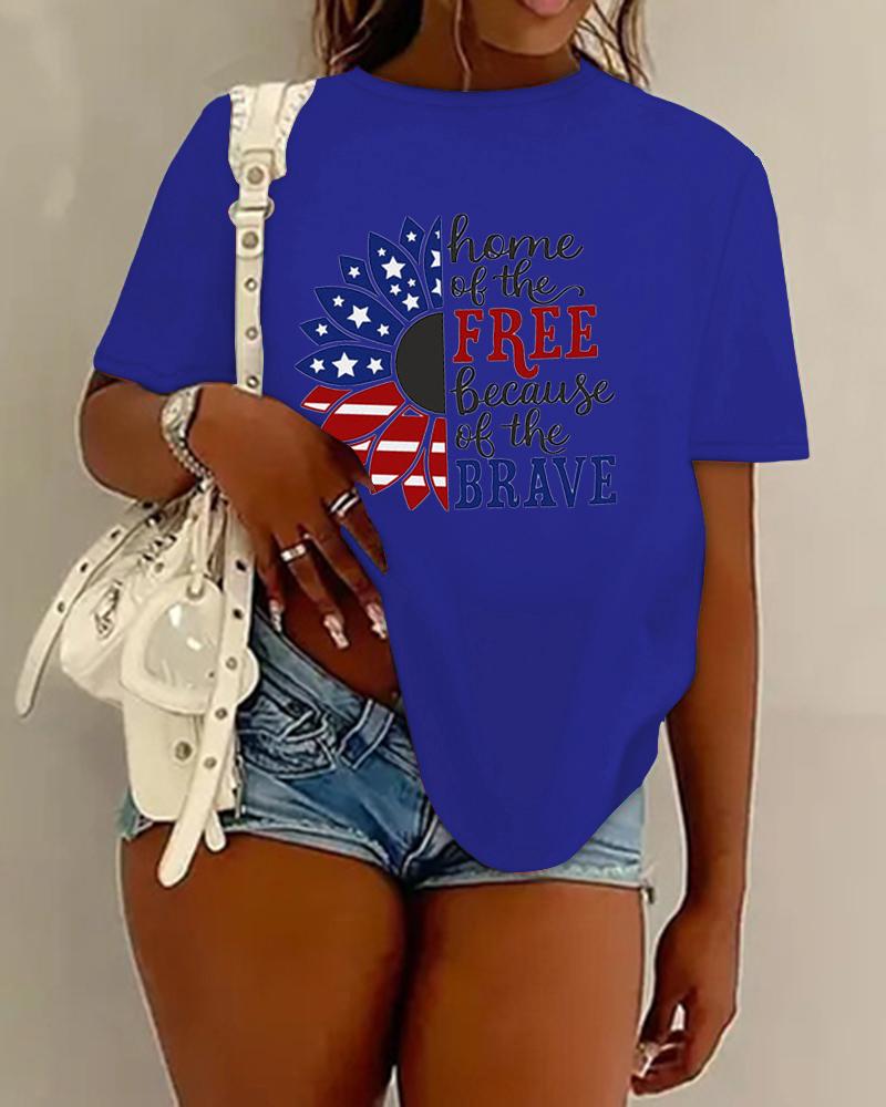 

Plus Size Independence Day Flag Sunflower Letter Print Casual T-shirt, Blue