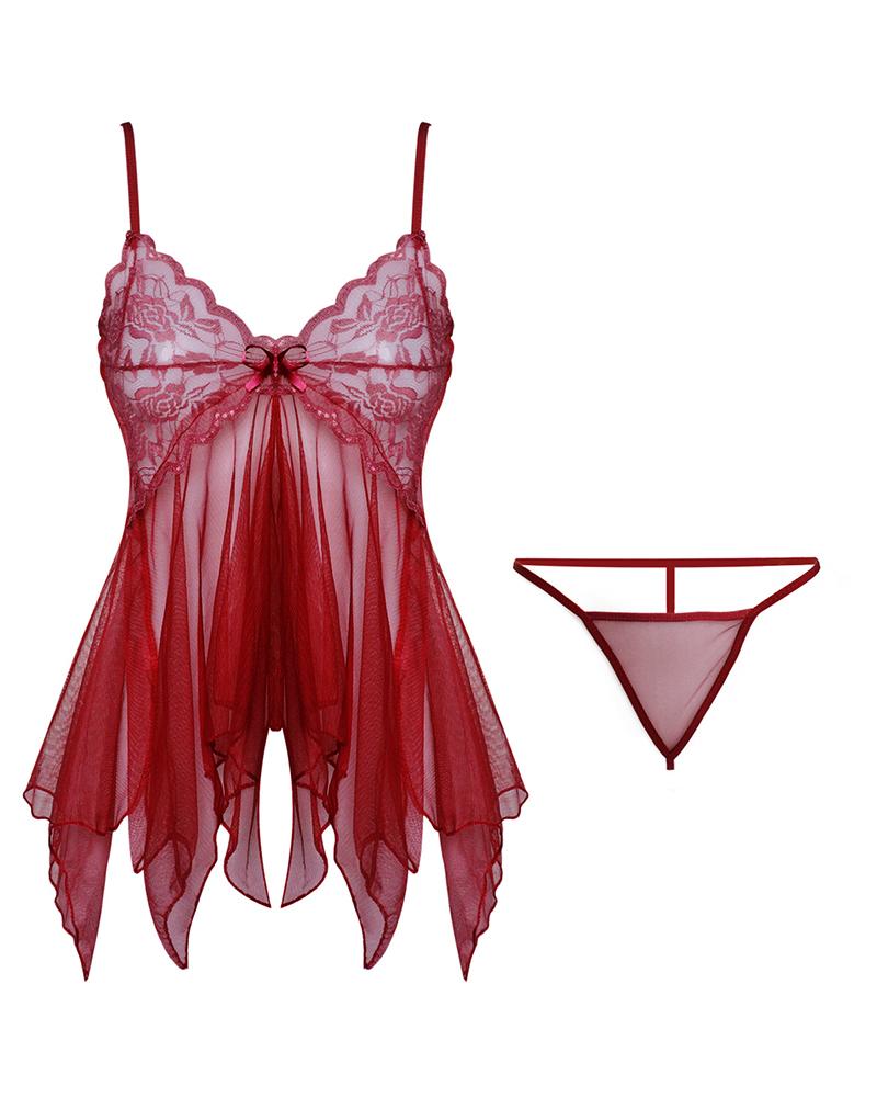

Spaghetti Strap Sheer Mesh Lace Babydoll With Thong, Red