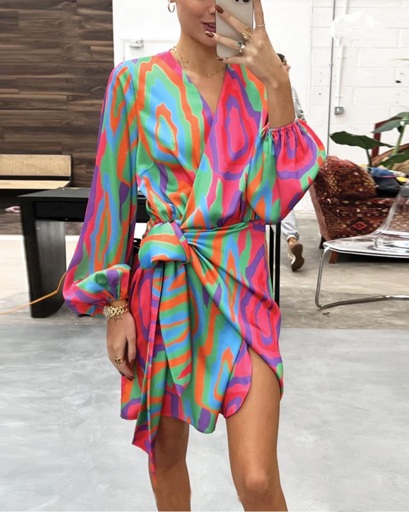 

Abstract Print Lantern Sleeve Tied Detail Wrap Dress, Red