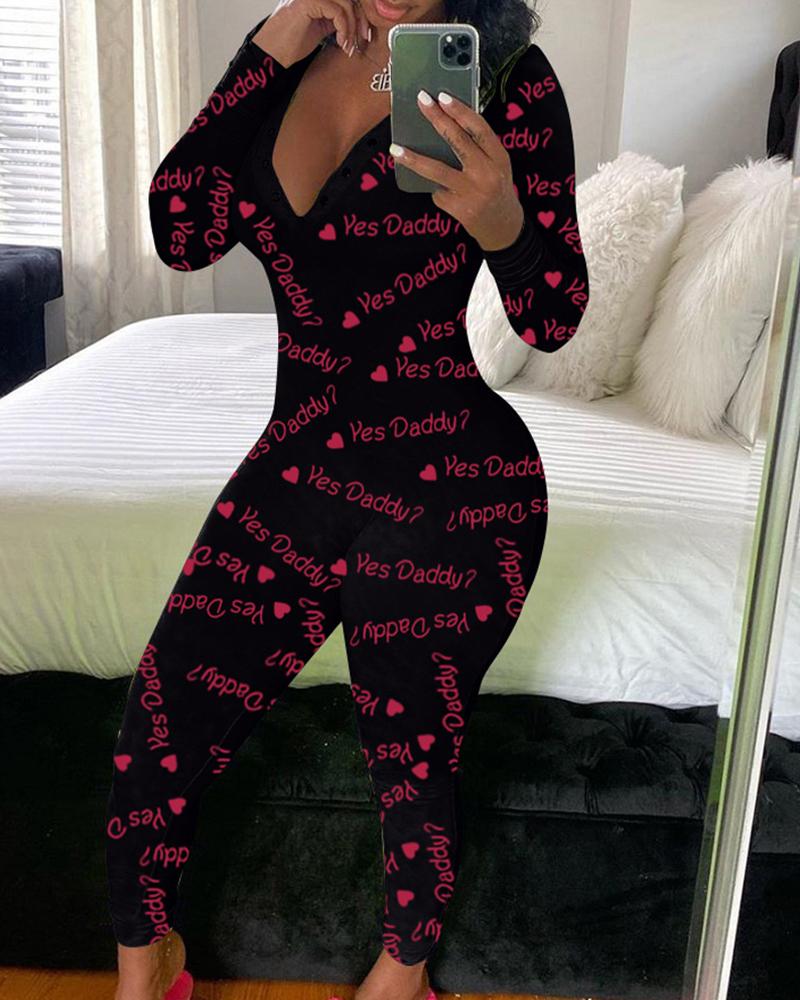 

Butterfly / Cartoon / Heart / Letter Print Buttoned Jumpsuit, Black