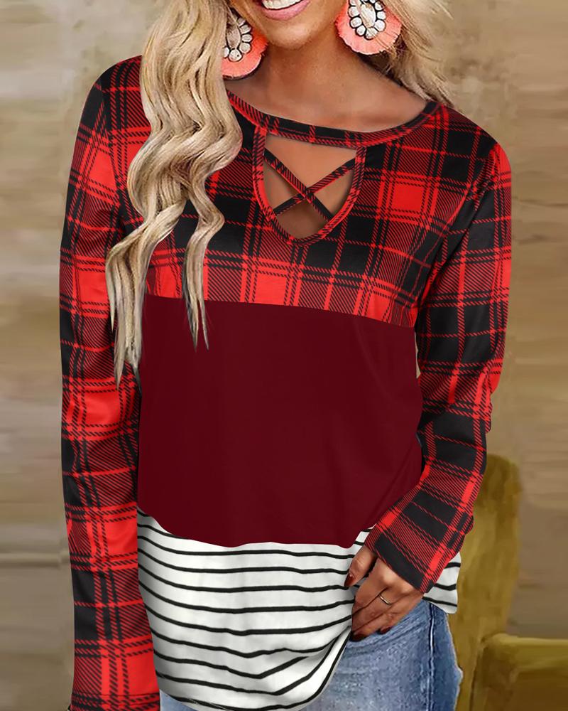 

Colorblock Plaid Print Long Sleeve Casual Top, Red