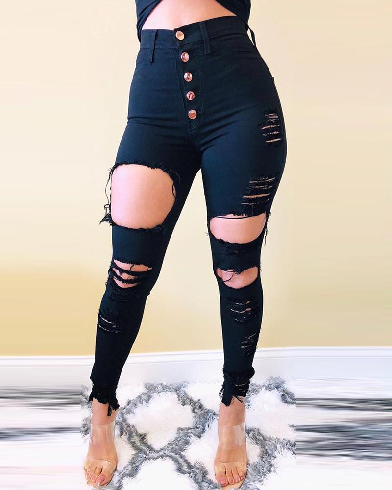 

Cutout High Waist Buttoned Skinny Pants, Black
