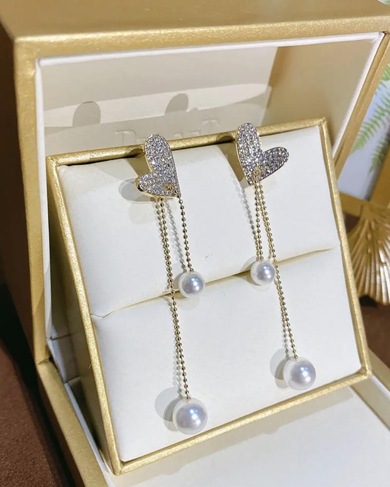 

Heart Shaped Rhinestone Beaded Decor Tassel Earrings, Silver