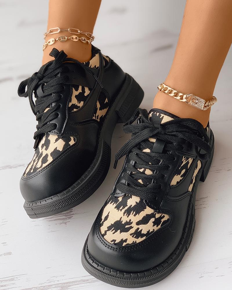 

Lace-up Front Chunky Sneaker, Black&leopard