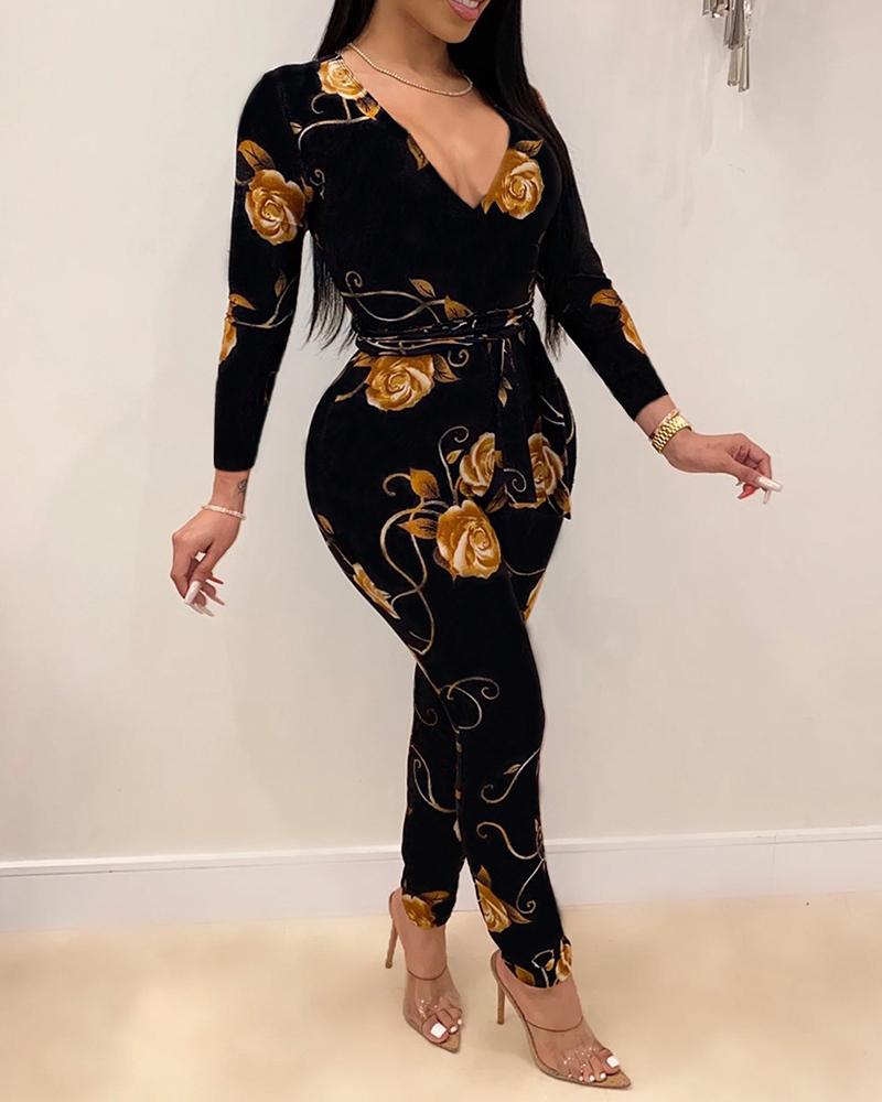 

Floral Print Tie Detail Long Sleeve Plunge Jumpsuit, Black