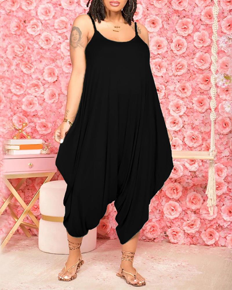 

Spaghetti Strap Ruched Plain Casual Jumpsuit, Black