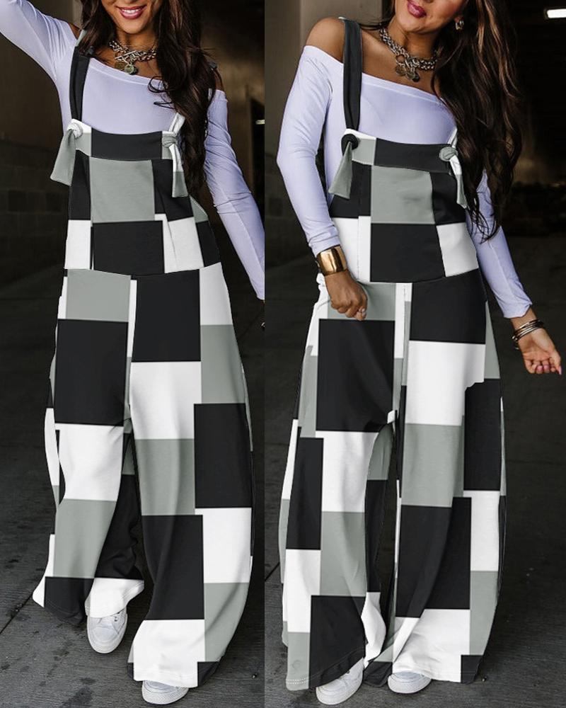 

Geometric Print Colorblock Wide Leg Suspender Jumpsuit, Black