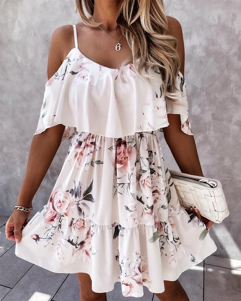 

Floral Print Ruffle Hem Off the Shoulder Sling Mini Dress, Apricot