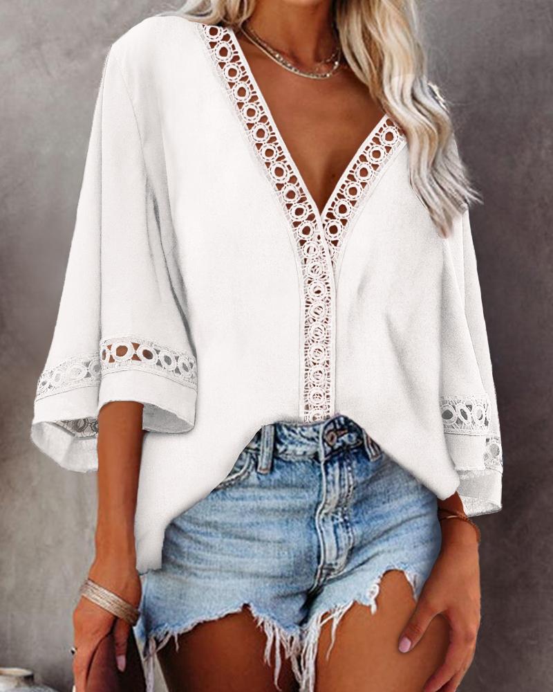 

Hollow-out Bell Sleeve V-Neck Top, White