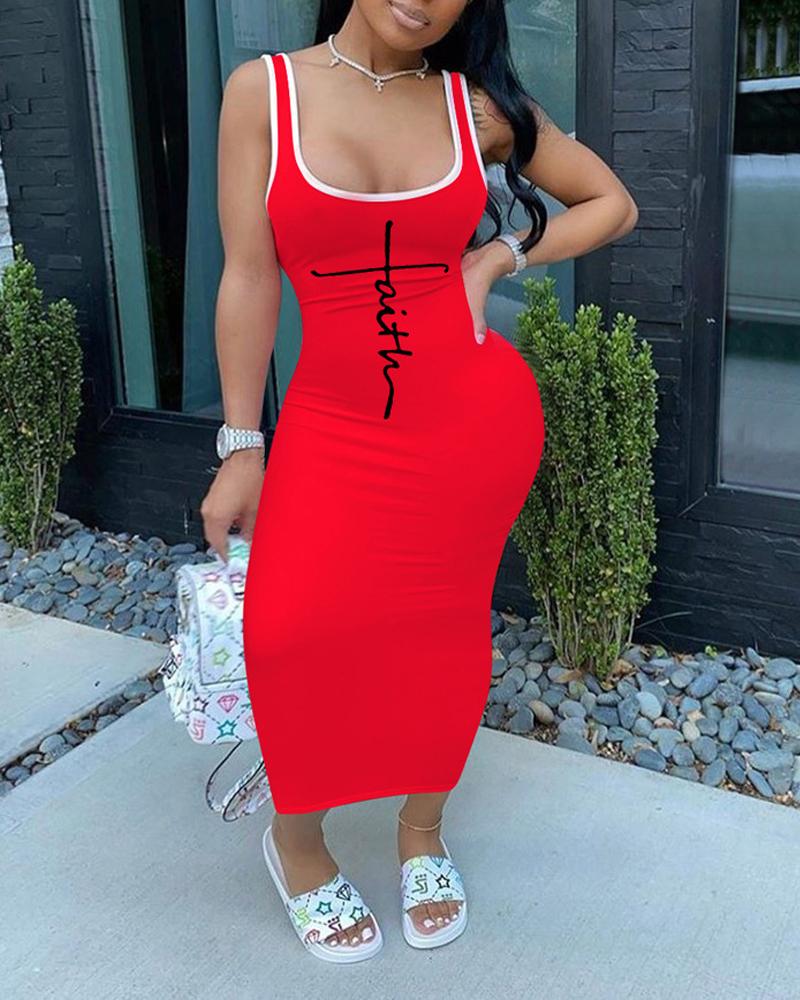 

Letter Print Contrast Binding Casual Tank Dress, Red