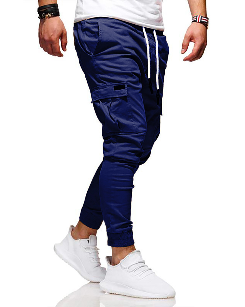 

Men Pocket Design Drawstring Pants, Dark blue