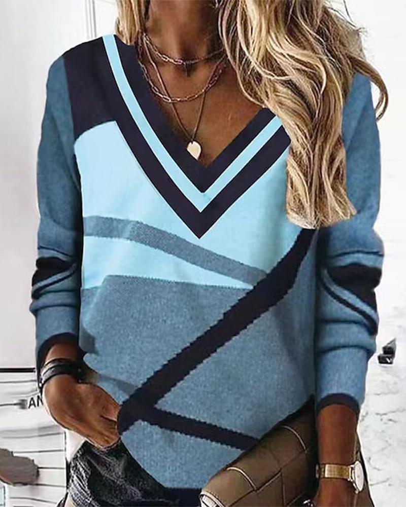 

Colorblock Geometric Print Long Sleeve Sweatshirt, Lighted blue