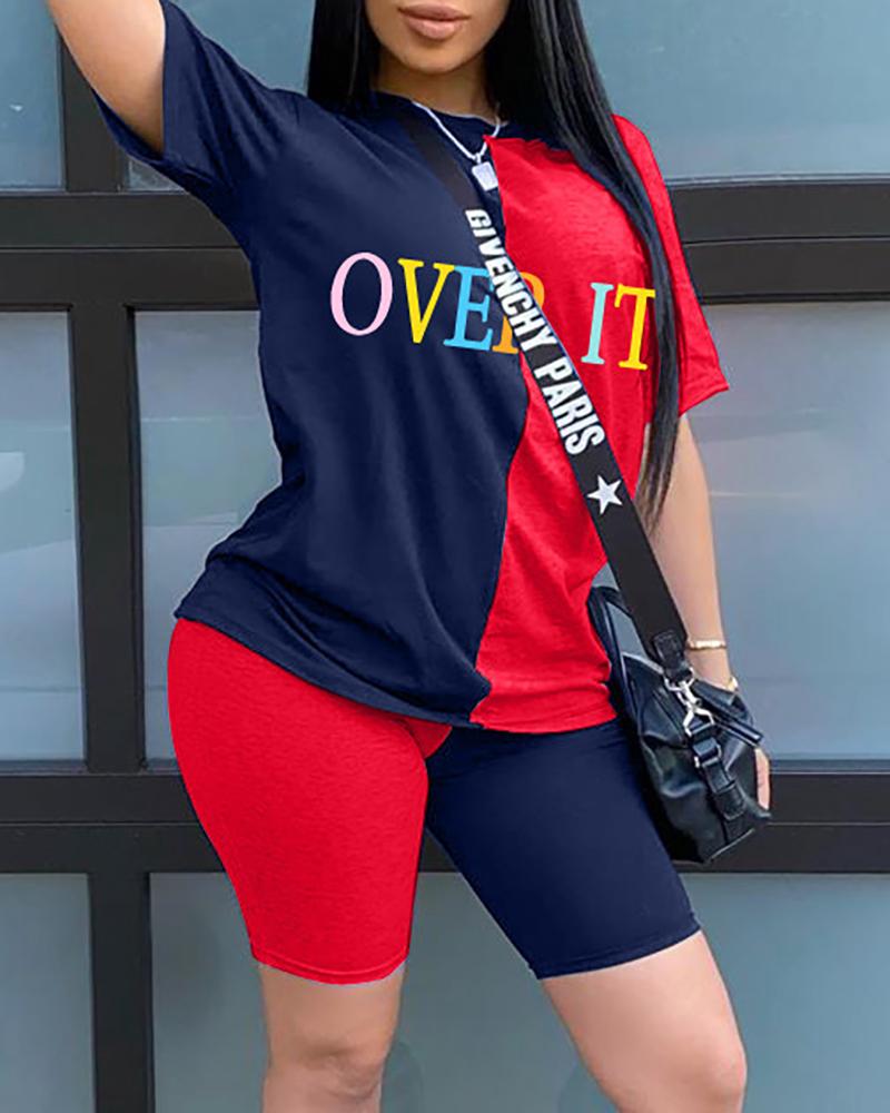 

Colorblock Letter Print Top & Shorts Set, Red