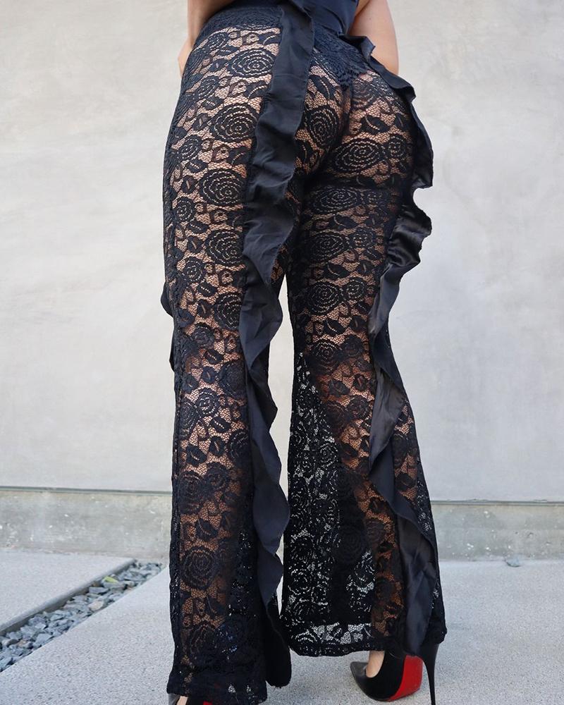 

Solid Lace Ruffles Patch Flared Pants, Black