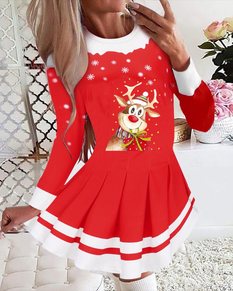 

Christmas Snowflake Elk Print Pleated Casual Dress, Red