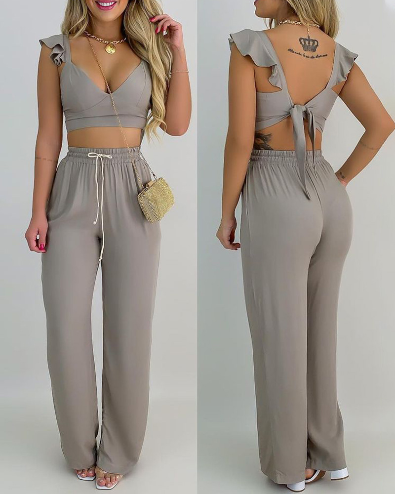 

Flutter Sleeve Tie Back Crop Top & Drawstring Pants Set, Gray
