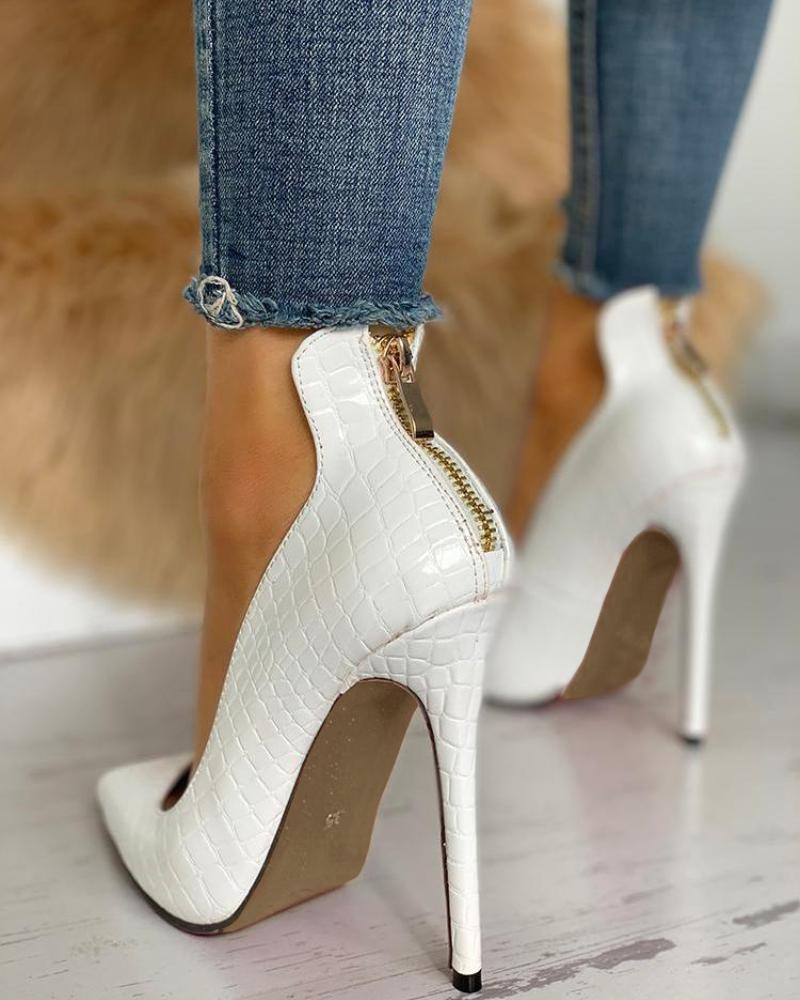 

Pointed Toe Zip Detail PU Heels, White