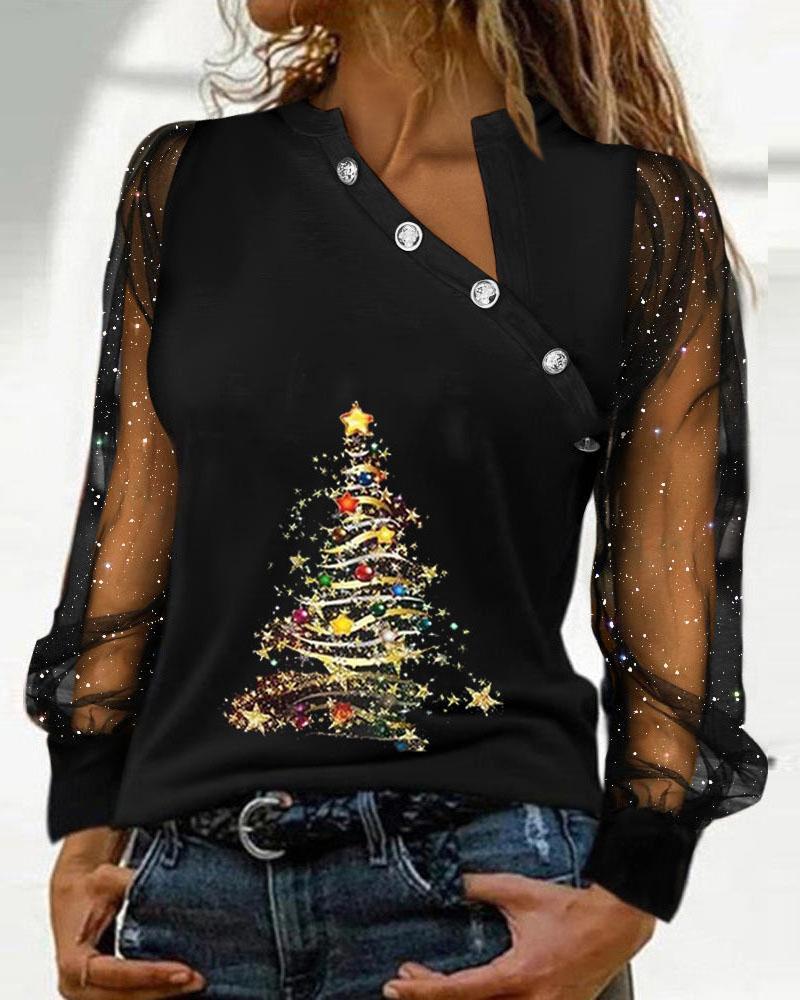 Top de manga larga de malla transparente brillante con estampado de árbol de Navidad