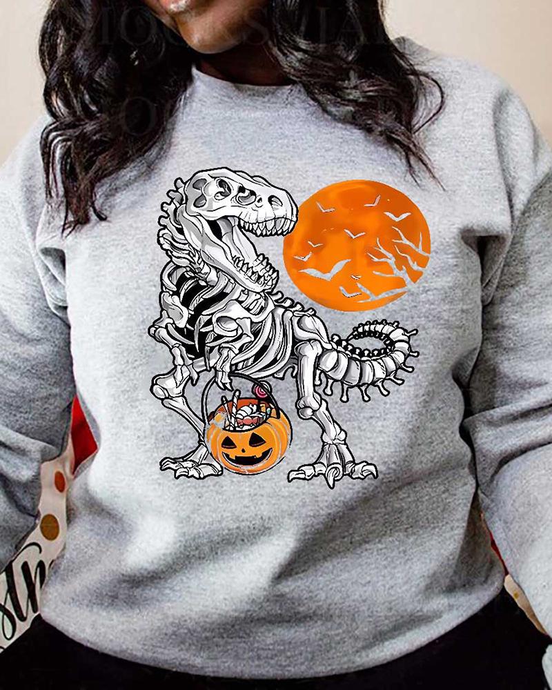 

Halloween Dinosaur Skeleton Pumpkin Print Crew Neck Sweatshirt, Gray