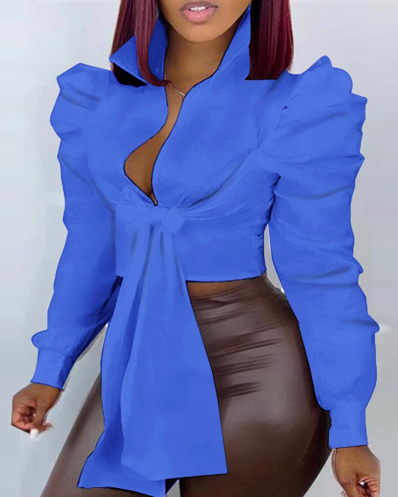 

Buttoned Puff Sleeve Tied Detail Top, Blue