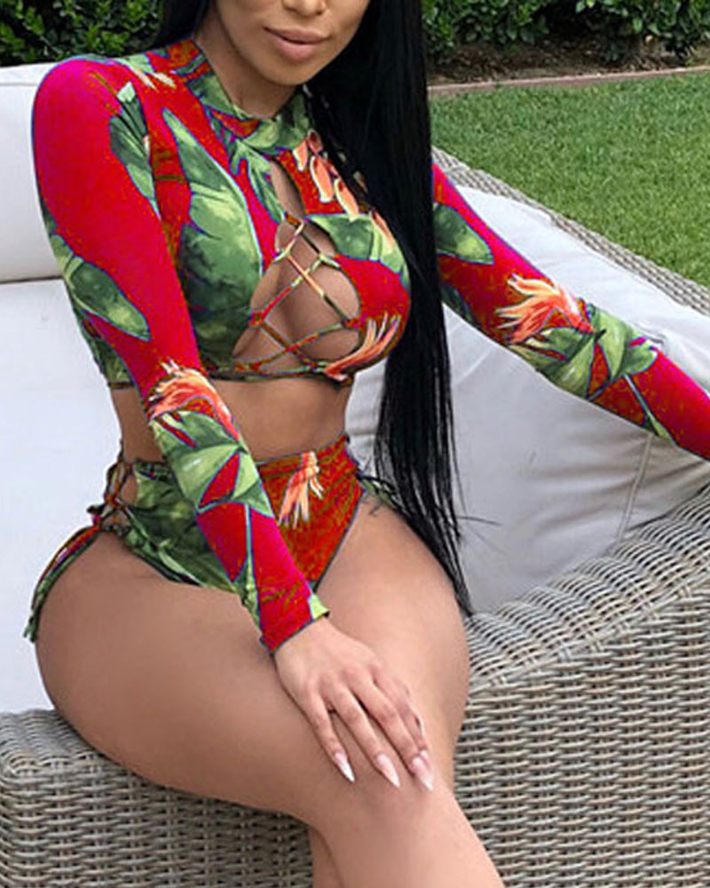 

Tropical Print Lace-up High Waist Tankini Set, Red