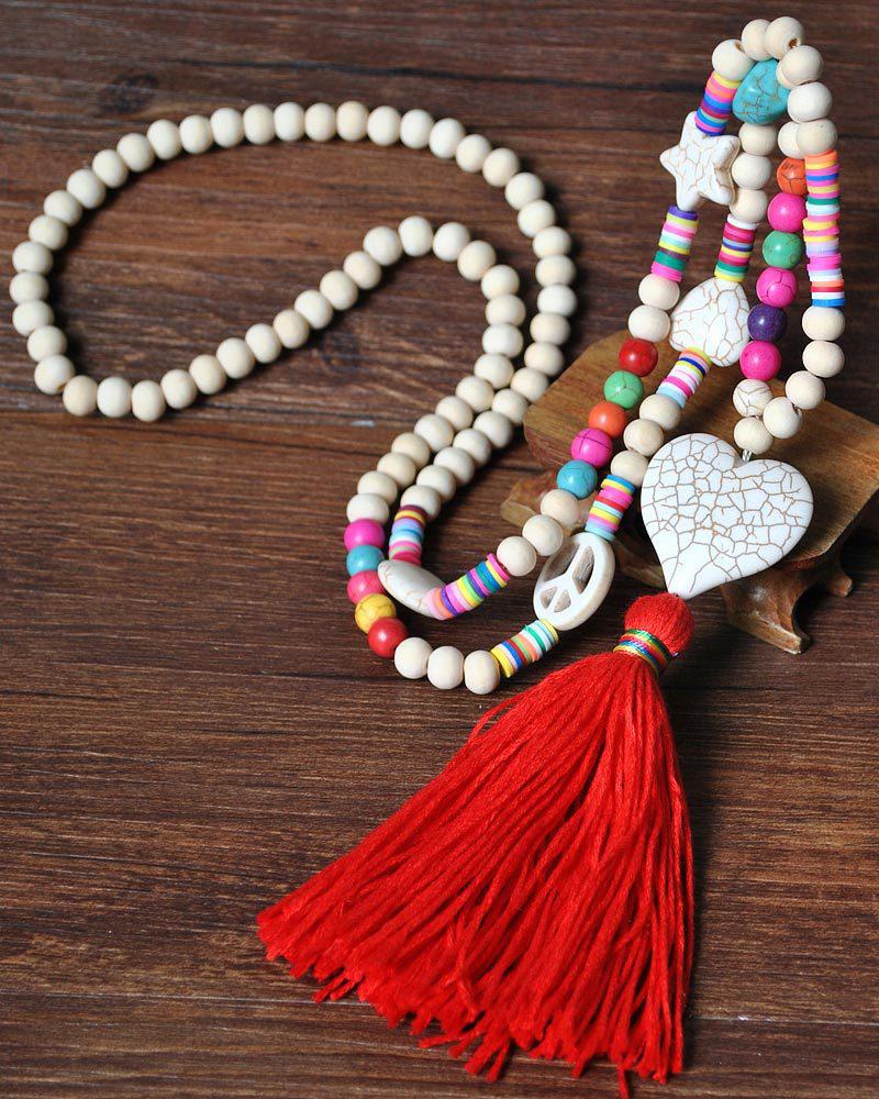 

1pc Beaded Tassel Design Pendant Necklace, Red