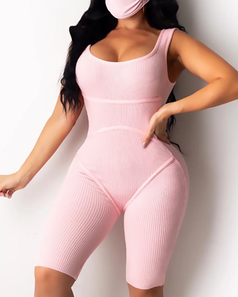 

U-Neck Thick Strap Fitted Romper, Pink