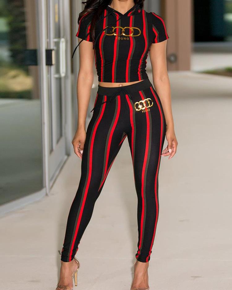 

Striped Crop Hooded And Pants Set, Black