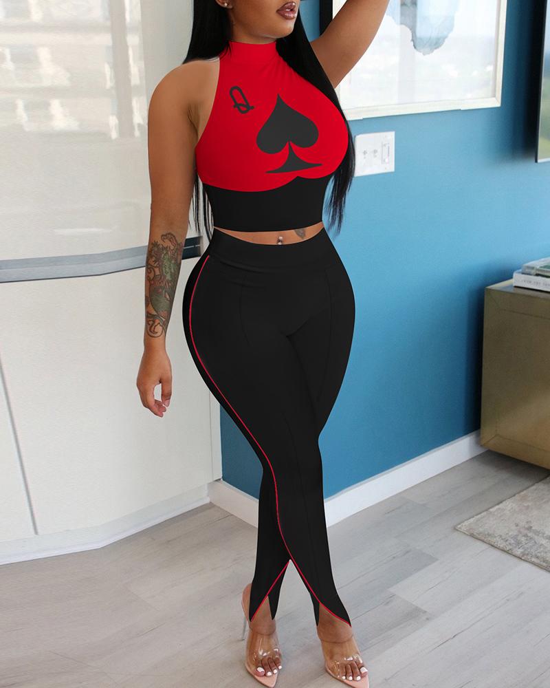 

Poker Print Crop Women Top & Striped Pants Set, Red