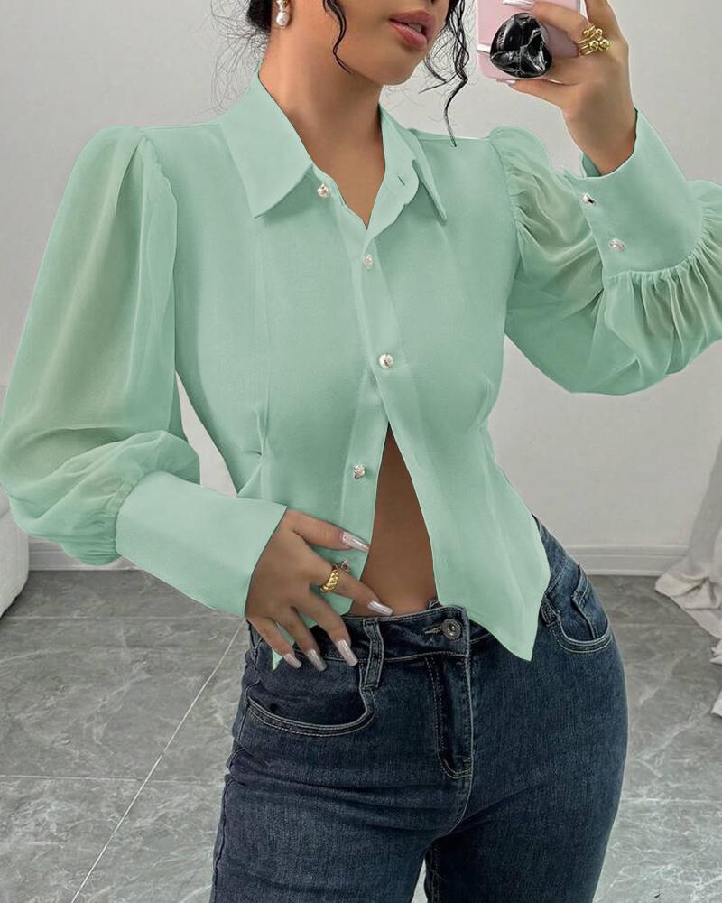

Ciff Lantern Sleeve Turn-down Collar Cinched Waist Beaded Decor Blouse Casual Top, Light green